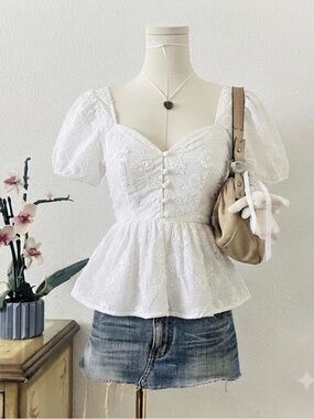 White Eyelet Button-Front Babydoll Top